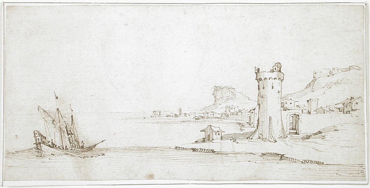 Landschap met toren en boot door Jacques Callot