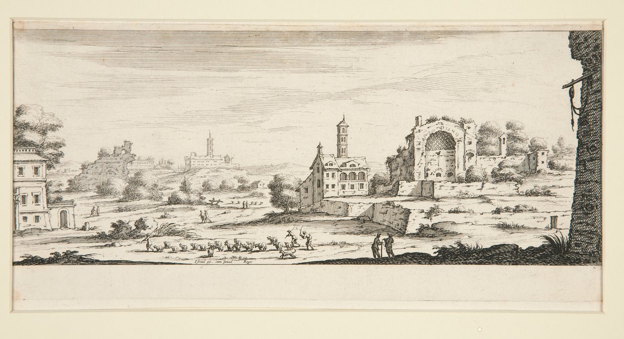 Landschap met grote gebouwen door Jacques Callot