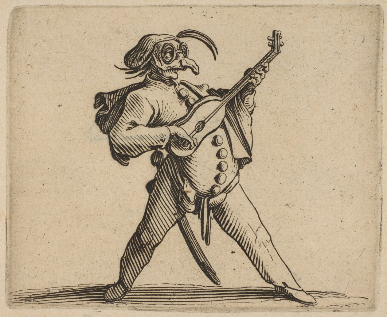 Le Comédien Masqué Jouant de la Guitare, 1616-22 door Jacques Callot