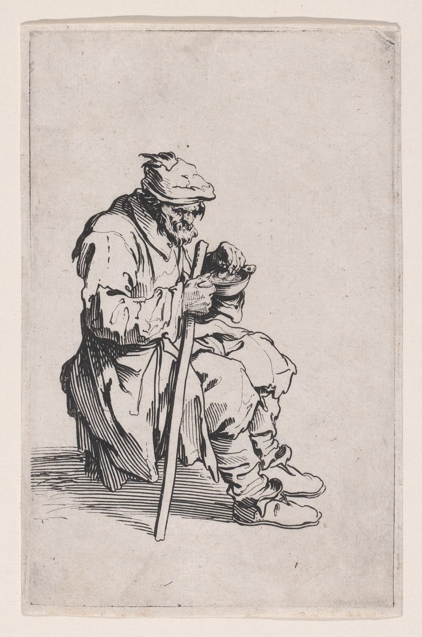 De zittende en etende bedelaar, uit „Les Gueux, suite appelée aussi Les Mendiants, Les Baroni, ou Les Barons“ door Jacques Callot