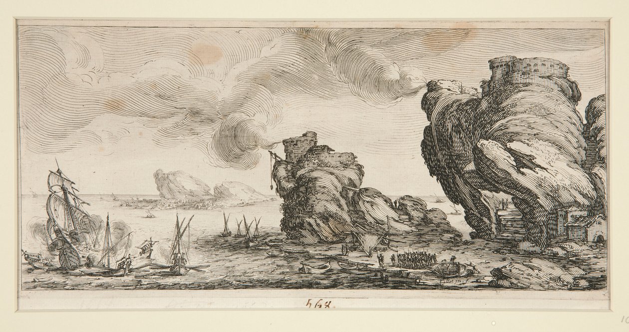De zeeslag, uit Landschappen voor Giovanni de Medici door Jacques Callot