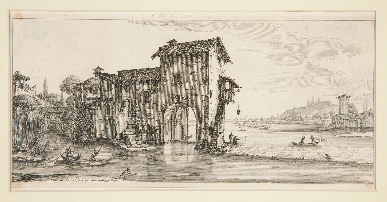 De watermolen, uit Landschappen voor Giovanni de Medici door Jacques Callot