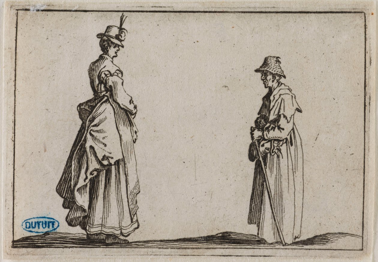 De grillen, twee vrouwen in profiel. Negentiende nummer van de reeks van 50 in Florence gegraveerde prenten (Lieure 232, Meaume 804) door Jacques Callot