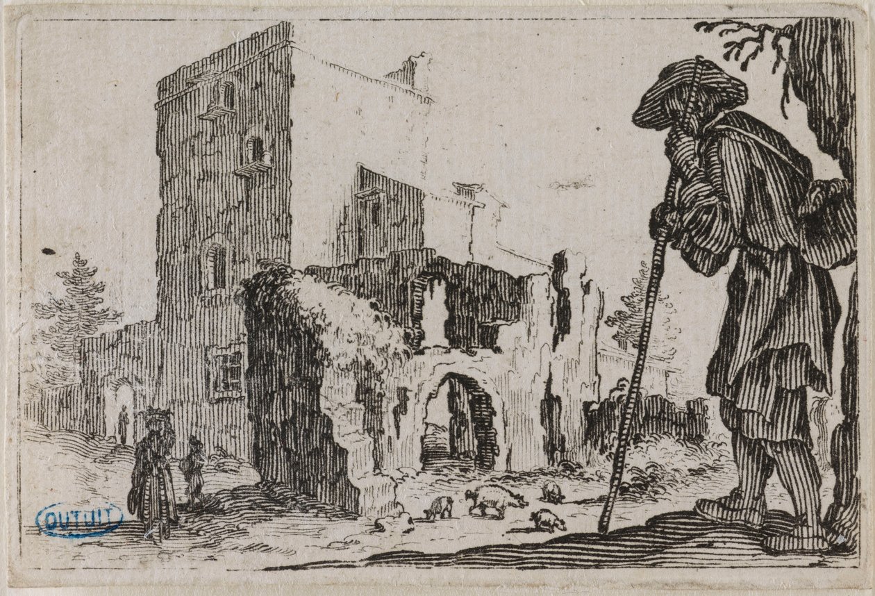 De grillen, De herder en de ruïnes. Vijfde nummer van de reeks van 50 in Nancy gegraveerde prenten (Lieure 432, Meaume 777) door Jacques Callot