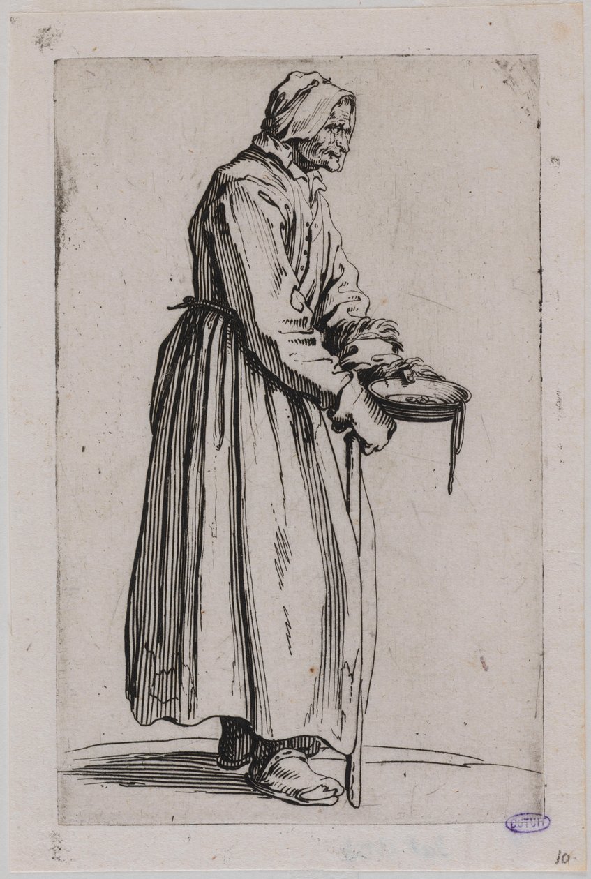 De bedelaars, De bedelares met de bedelkom. Twintigste deel van een reeks van 25 stukken (Lieure 498, Meaume 704) door Jacques Callot