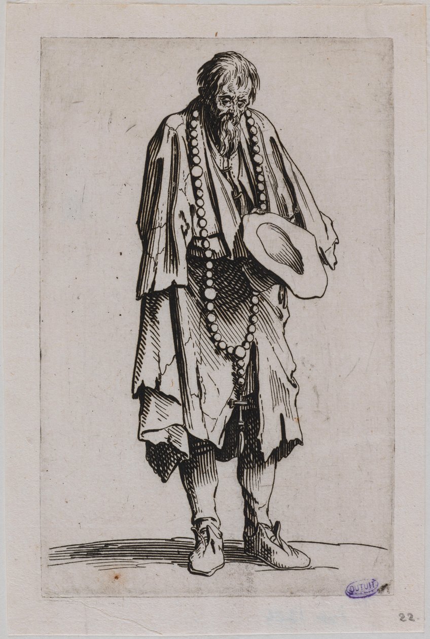 De bedelaars, De bedelaar met de rozenkrans. Elfde deel van een reeks van 25 stukken (Lieure 489, Meaume 695) door Jacques Callot
