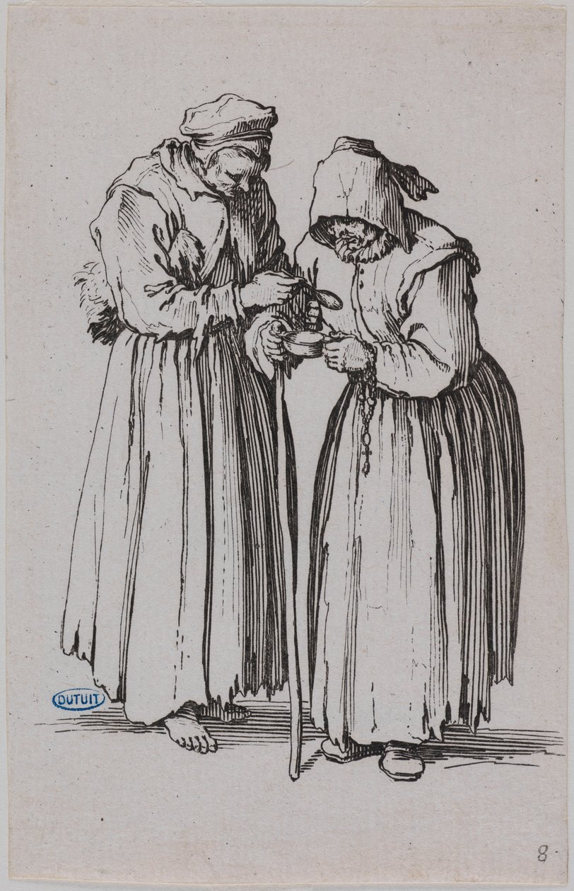 De bedelaars, de twee bedelaressen. Achtste nummer van een reeks van 25 stukken (Lieure 486, Meaume 692) door Jacques Callot