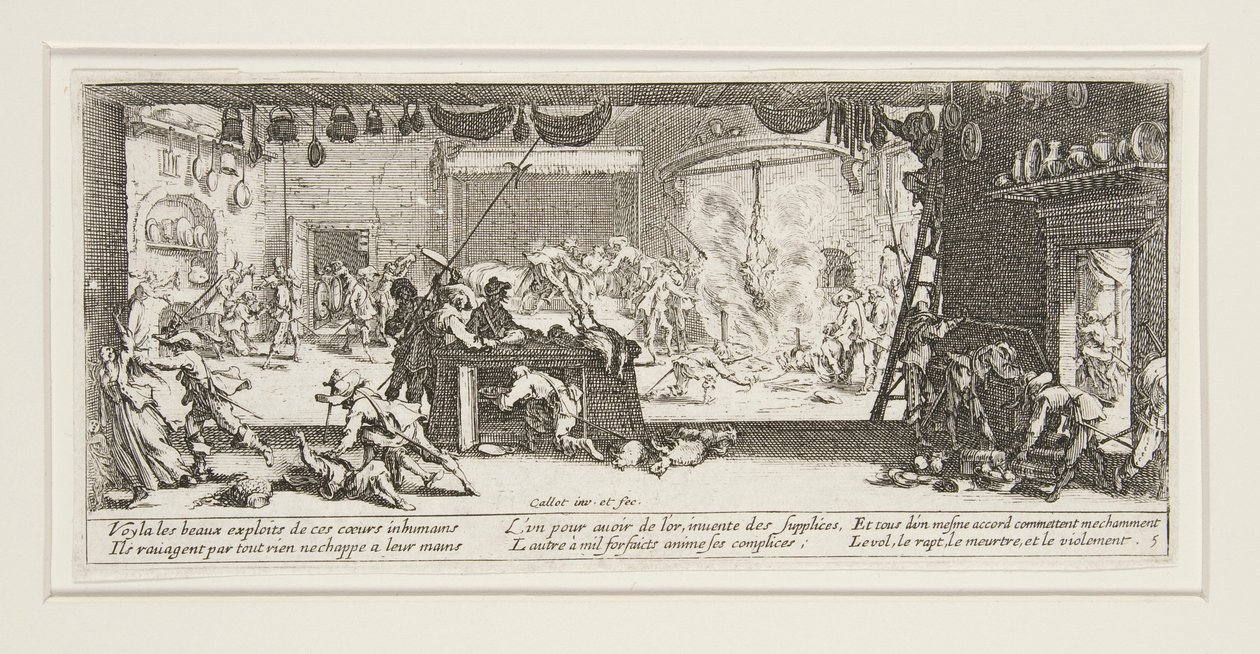 Les grandes misères de la guerre: No. 5 - De plundering van door Jacques Callot
