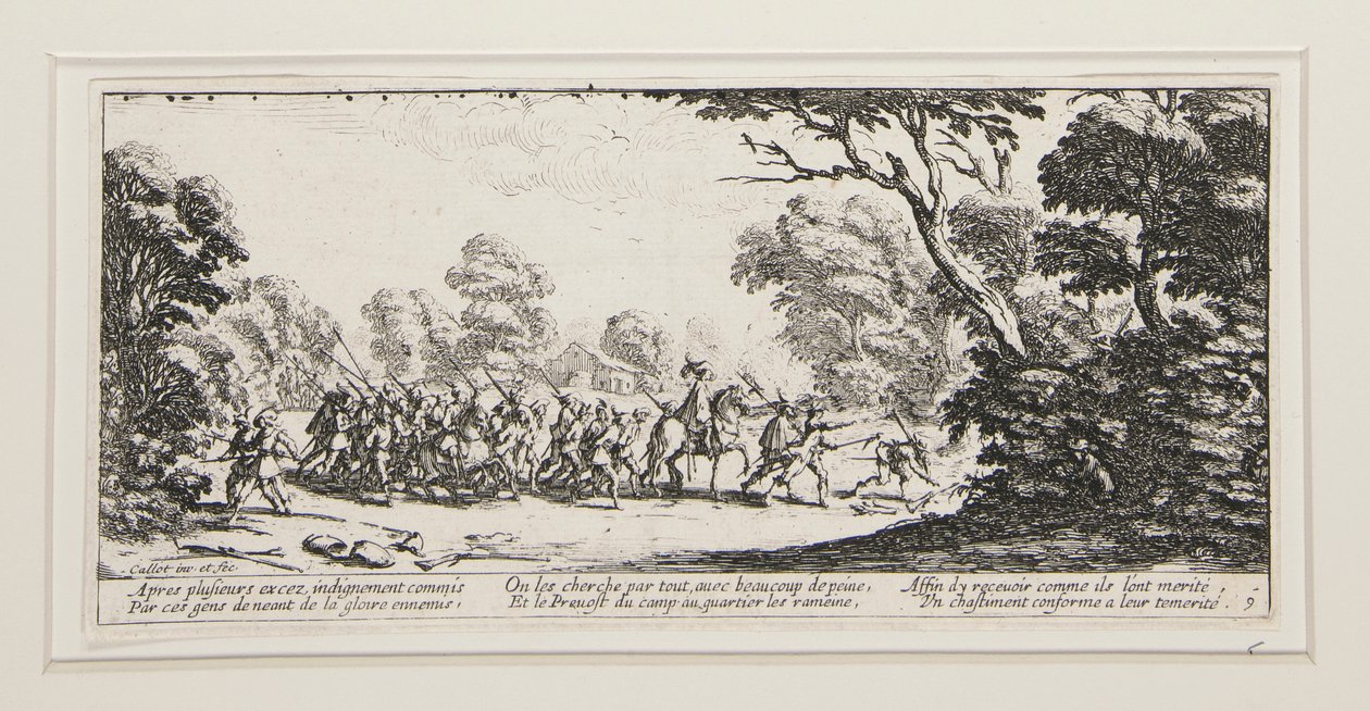 Les grandes miseres de la guerre: No. 9 - Ontdekking van de misdadigers door Jacques Callot