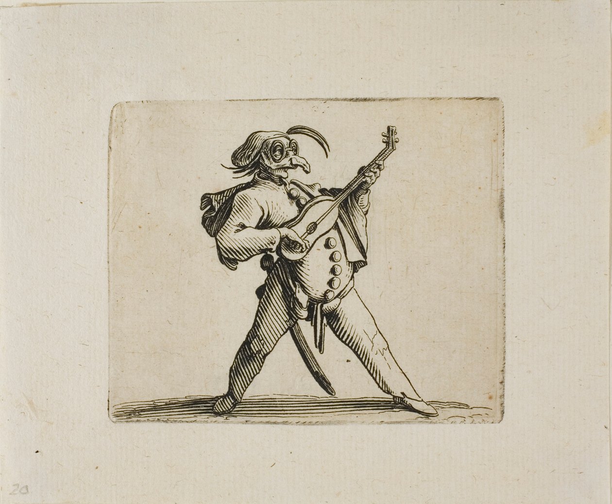 Gemaskerde Komiek die Gitaar Speelt, uit Varie Figure Gobbi door Jacques Callot