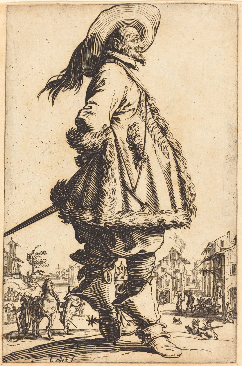 Edele man met een met bont afgezette mantel, met zijn handen op de rug door Jacques Callot