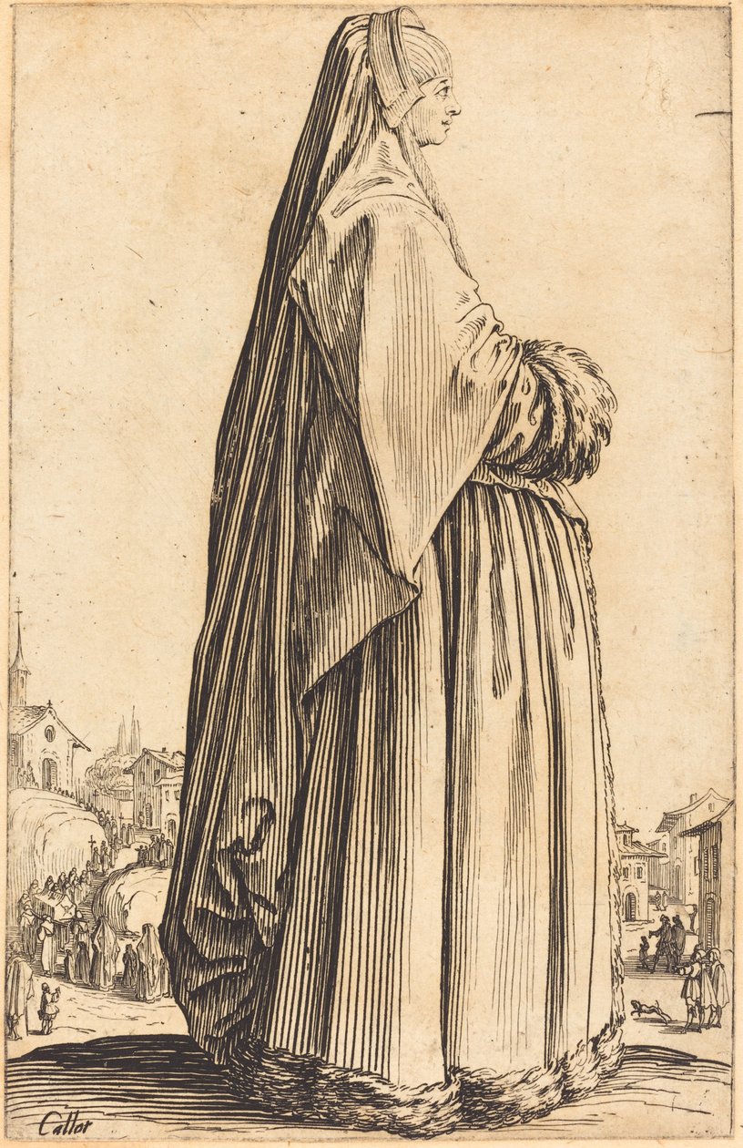 Adellijke vrouw met een sluier en een met bont afgewerkte jurk door Jacques Callot