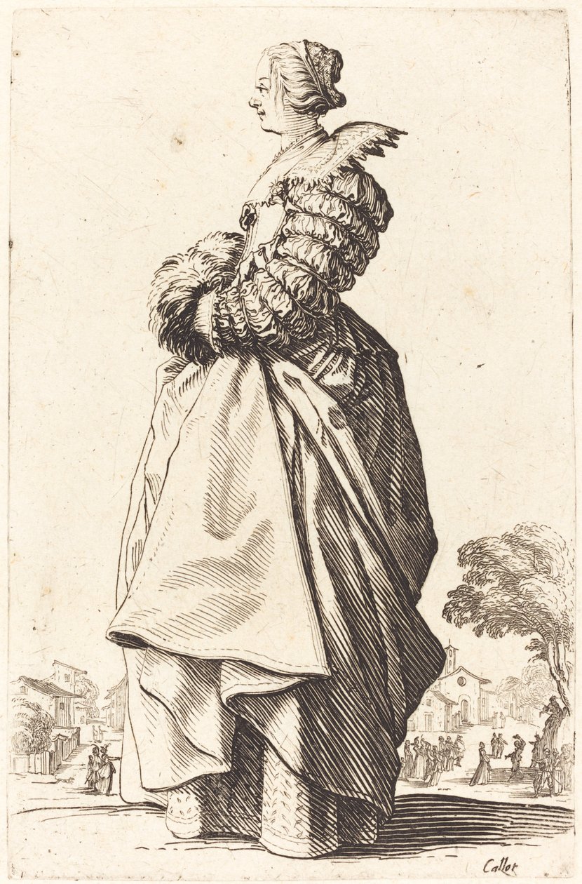 Adellijke Vrouw in Profiel met haar Handen in een Muff door Jacques Callot