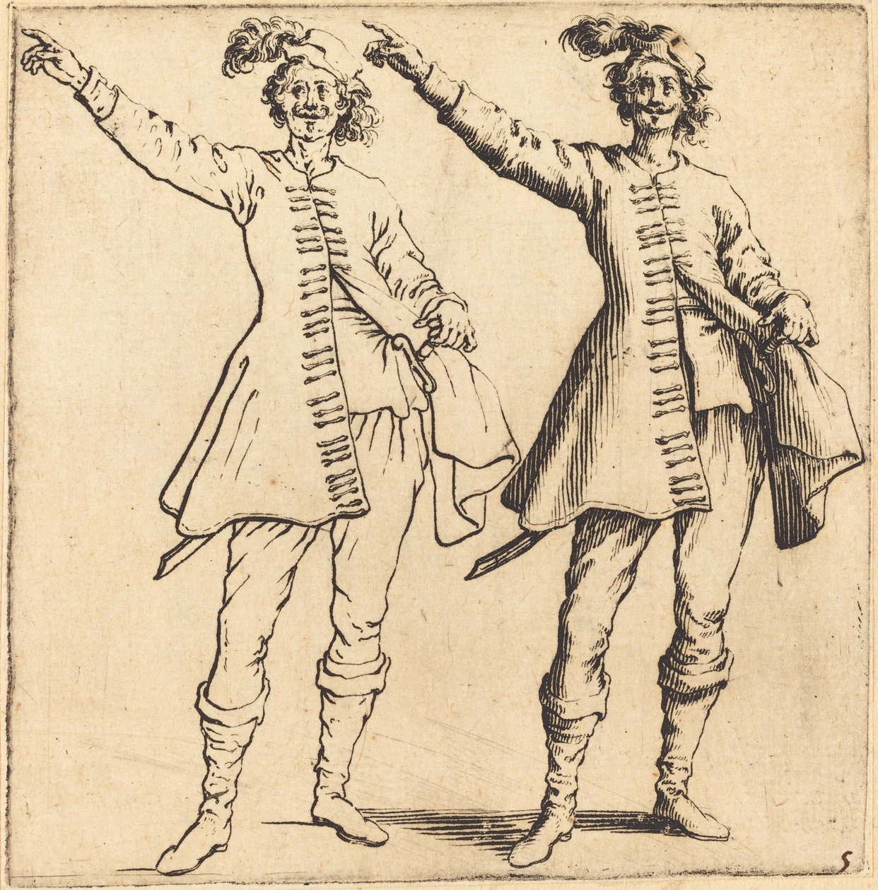 Officier, met uitgestrekte arm, vooraanzicht door Jacques Callot