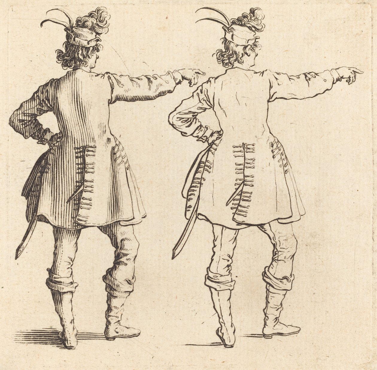 Officier met Veren in de Hoed, van Achteren Gezien door Jacques Callot
