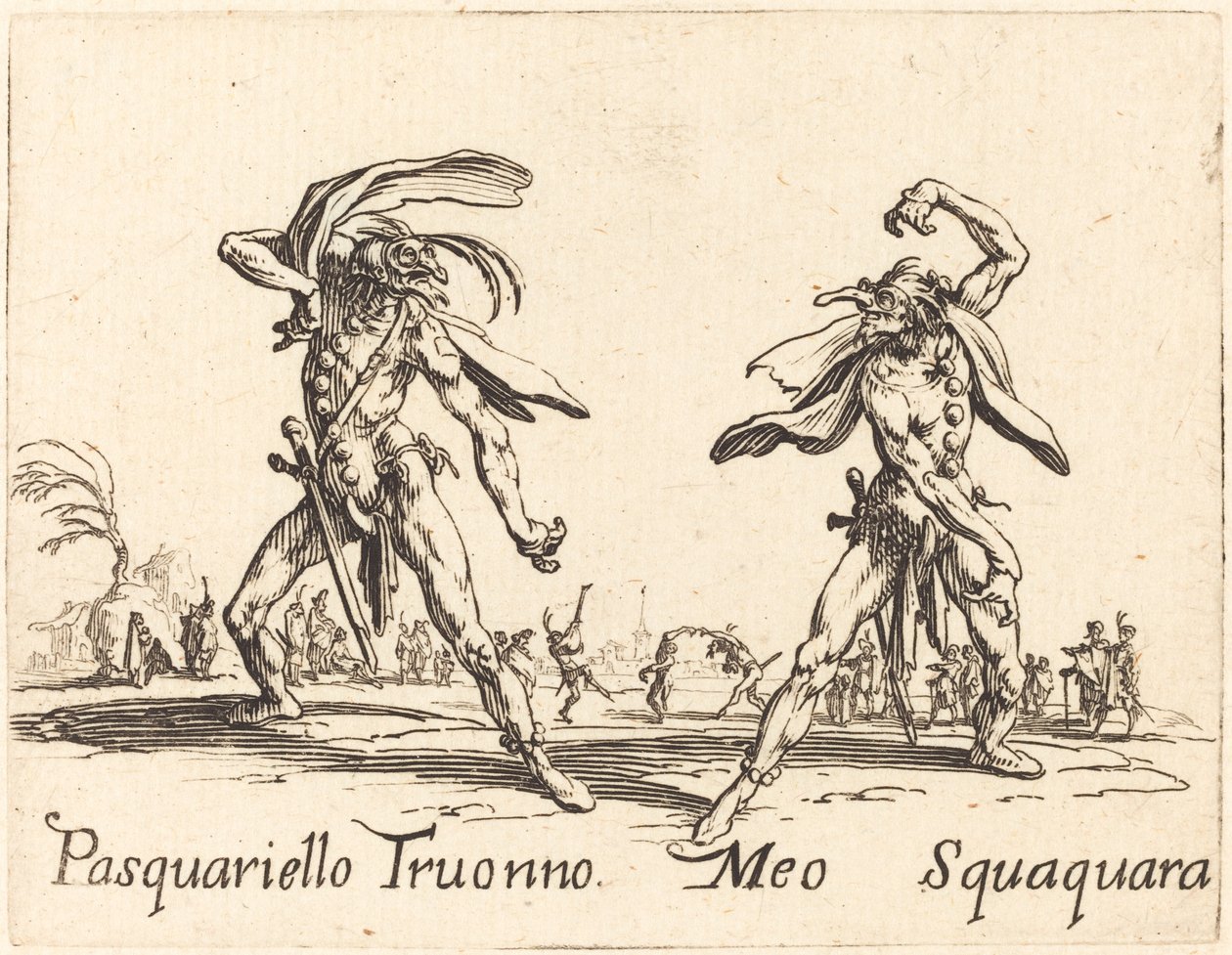 Pasquariello Truonno en Meo Squaquara, ca. 1622 door Jacques Callot