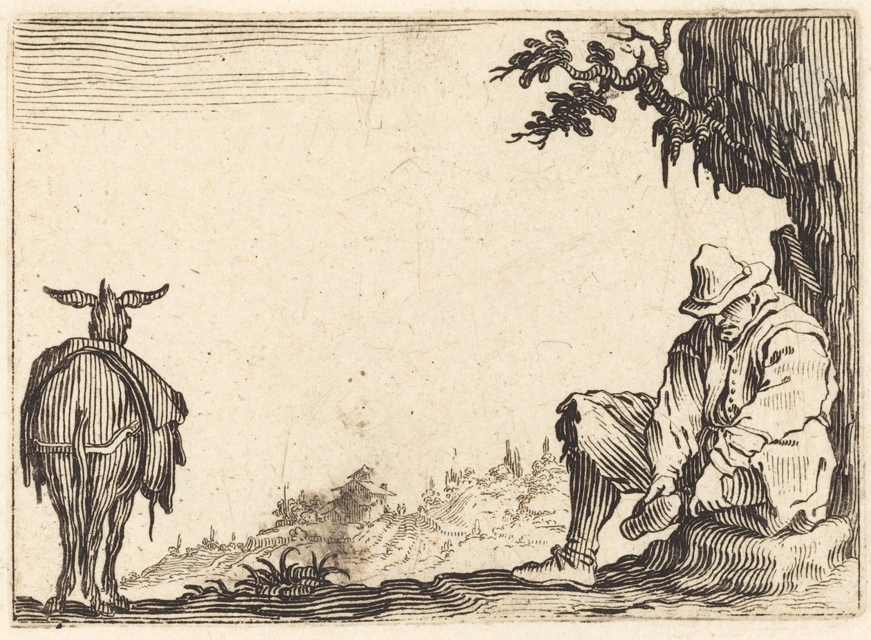 Boer die zijn schoen uittrekt door Jacques Callot