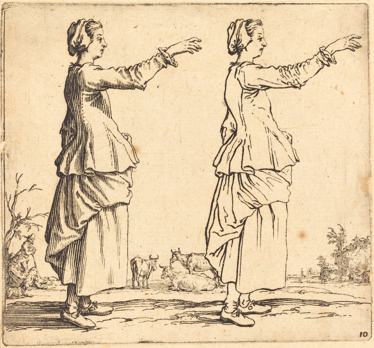 Boerin, in profiel, naar rechts, met uitgestrekte arm door Jacques Callot
