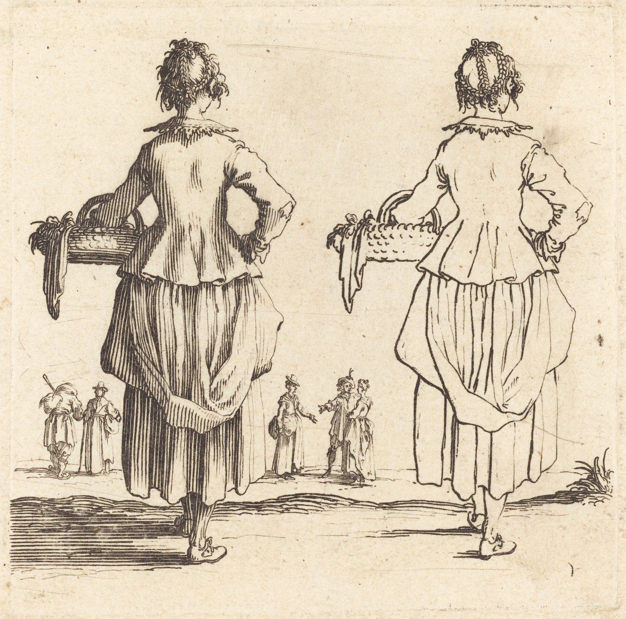 Boerin met mand, van achteren gezien door Jacques Callot