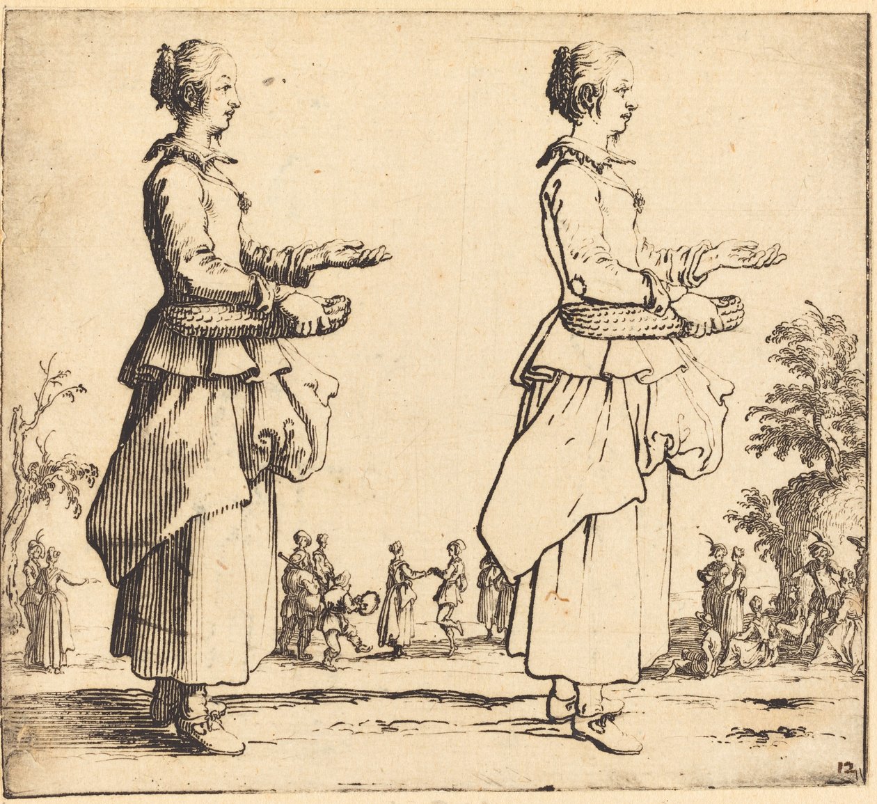 Boerin met mand, in profiel, naar rechts gericht door Jacques Callot