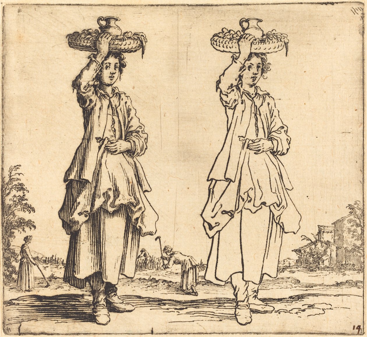 Boerin met mand op hoofd, vooraanzicht door Jacques Callot