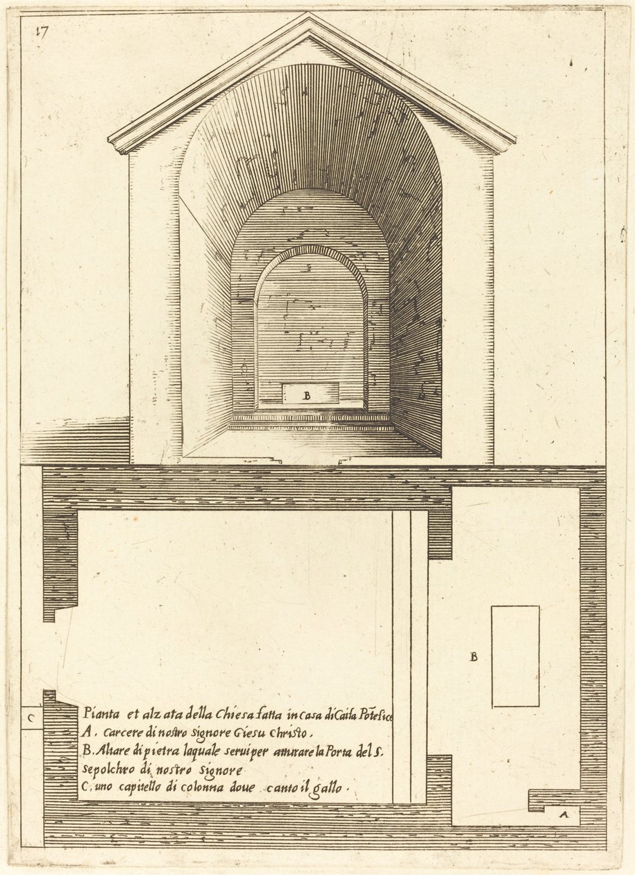Plattegrond en elevatie van de kerk bij het huis van Kajafas door Jacques Callot