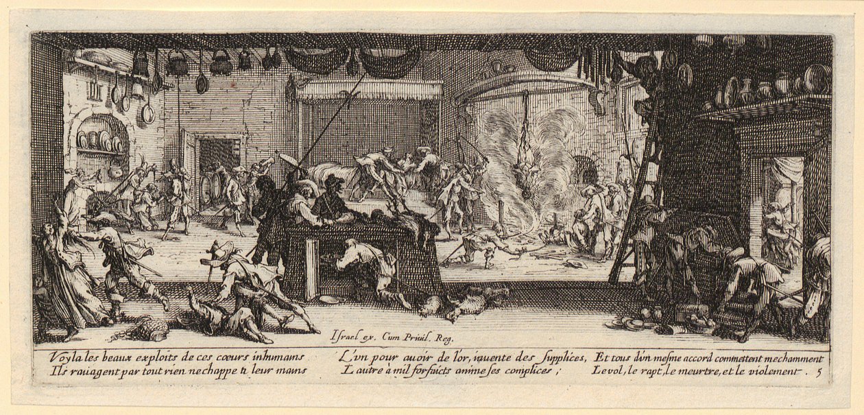 Plundering van een boerderij, blad 5 van de aflevering "De gruwelen van de oorlog" door Jacques Callot