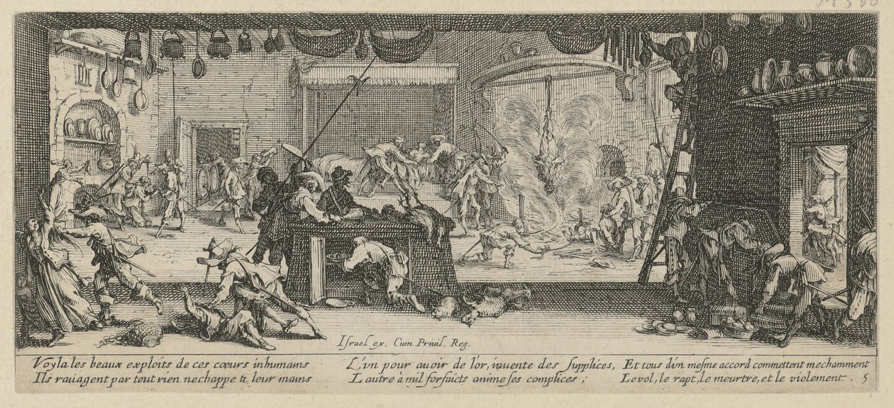 Plundering van een boerderij, blad 5 van de reeks "De gruwelen van de oorlog" door Jacques Callot