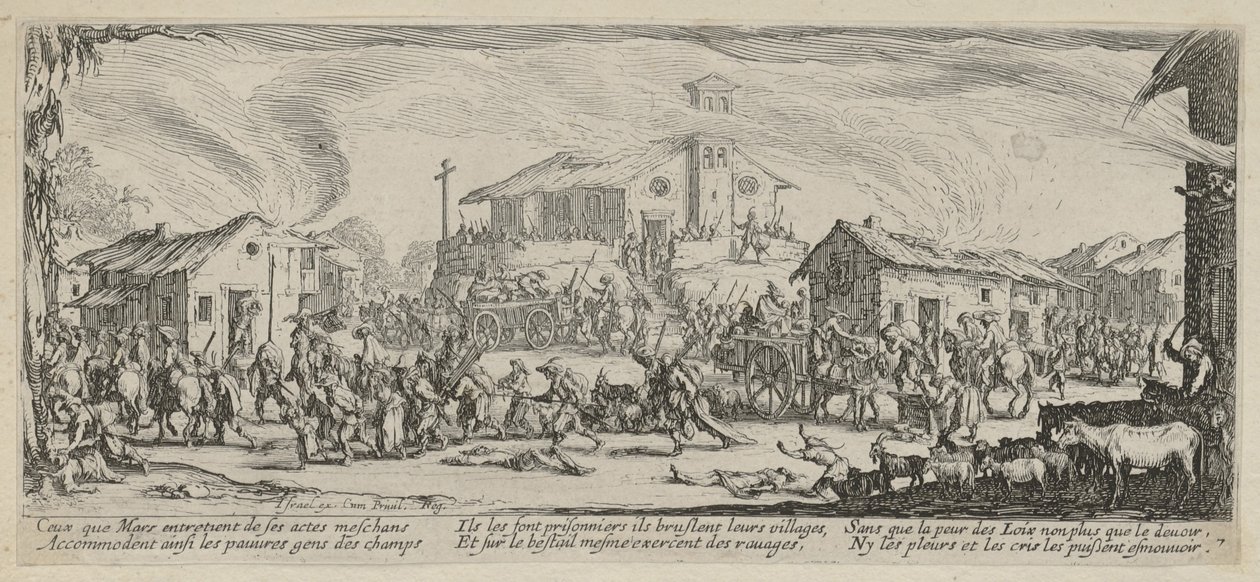 Plundering en brandstichting van een dorp, blad 7 van de reeks „De gruwelen van de oorlog” door Jacques Callot