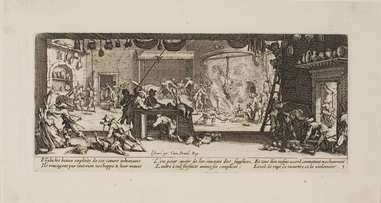 Plundering van een grote boerderij, plaat vijf uit De ellende van de oorlog door Jacques Callot