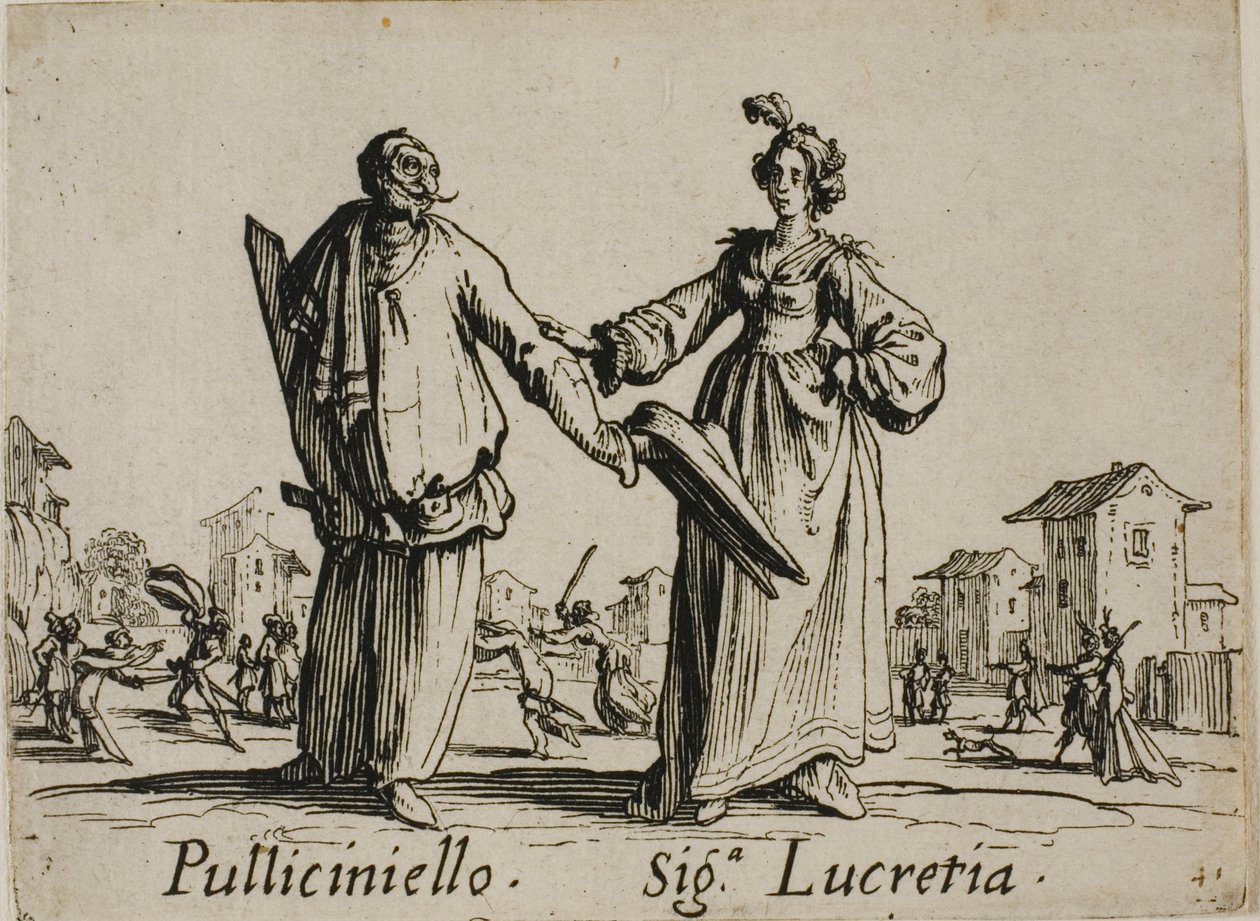 Pulliciniello - Signora Lucretia, plaat 9 uit Balli di Sfessania door Jacques Callot