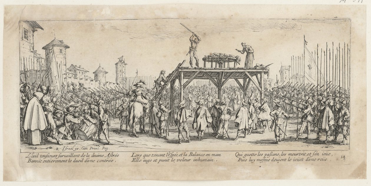 Fiets, blad 14 van de serie „De gruwelen van de oorlog” door Jacques Callot