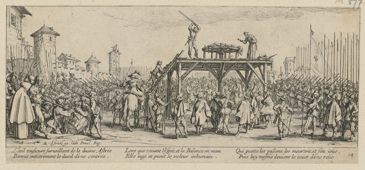 Fiets, blad 14 van de serie „De gruwelen van de oorlog” door Jacques Callot