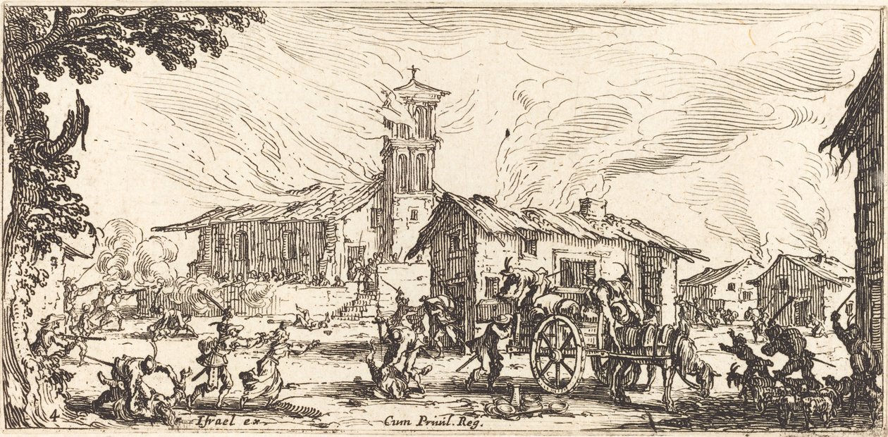 Verwoesting en verbranding van een dorp door Jacques Callot