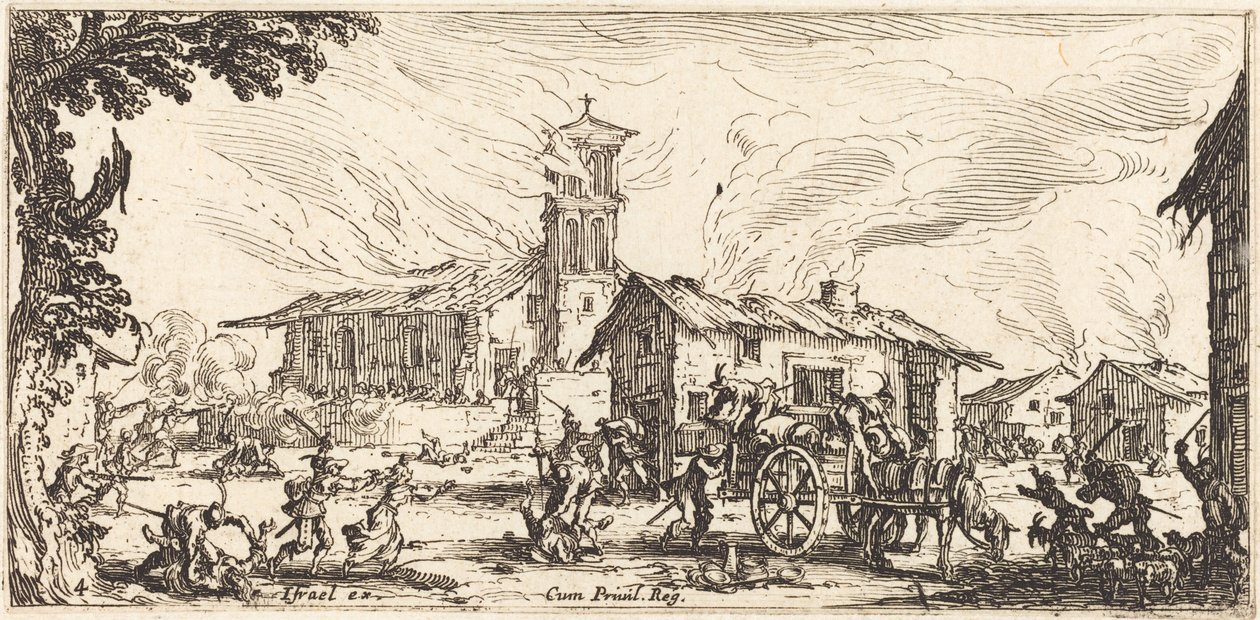 Een dorp plunderen en in brand steken door Jacques Callot