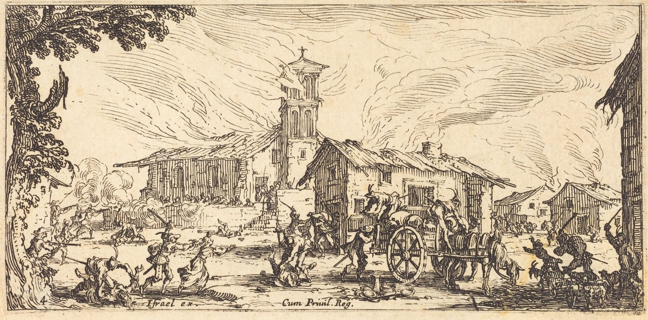 Plundering en verbranding van een dorp door Jacques Callot