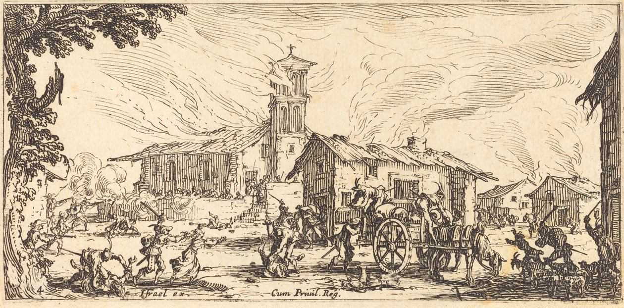 Plunderen en verbranden van een dorp door Jacques Callot