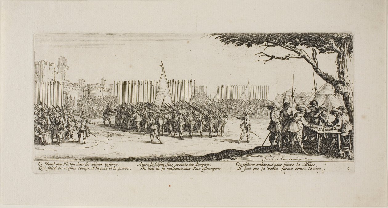 Werving van troepen, plaat twee uit De Ellende van de Oorlog door Jacques Callot