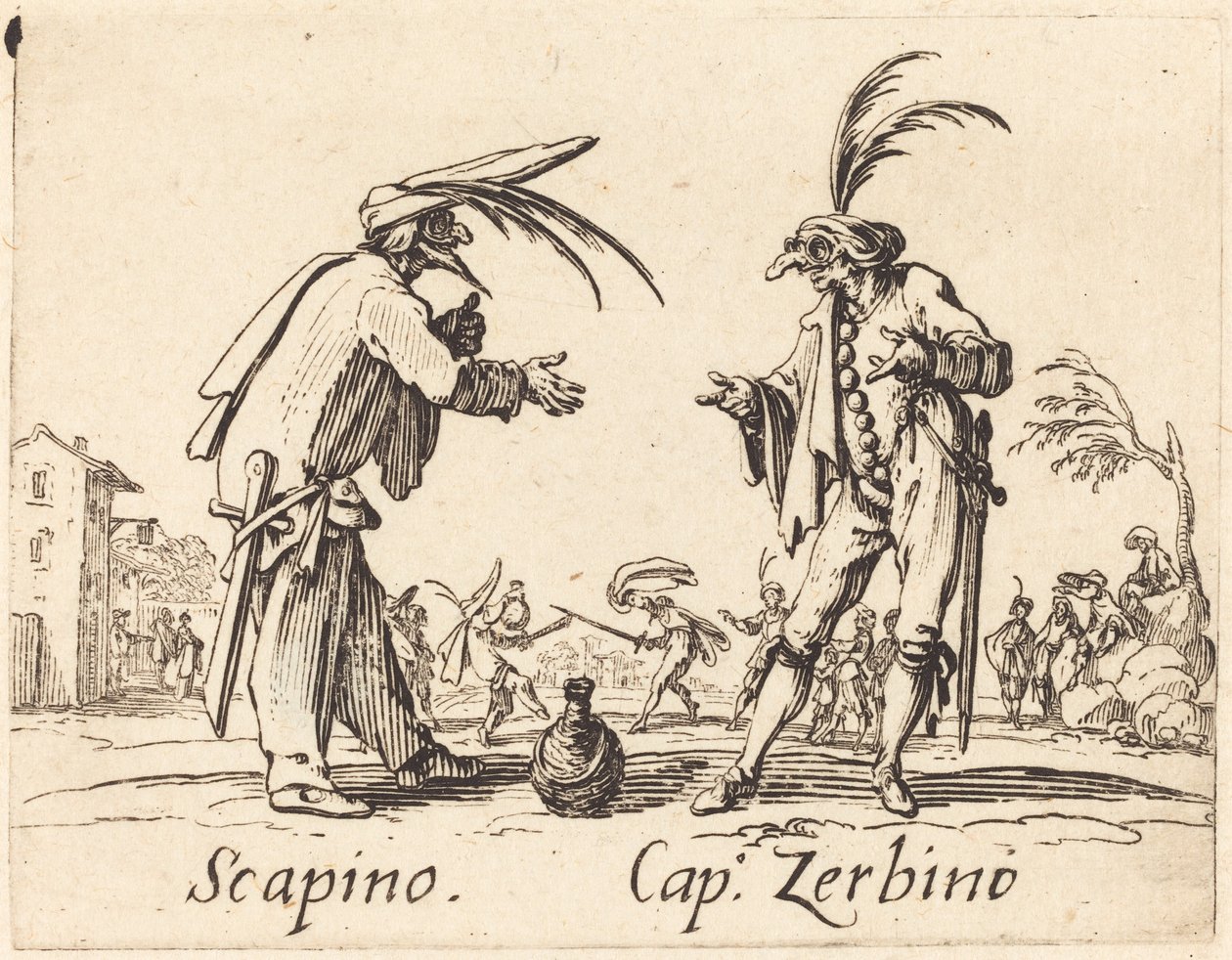 Scapino en Kap. Zerbino, ca. 1622 door Jacques Callot
