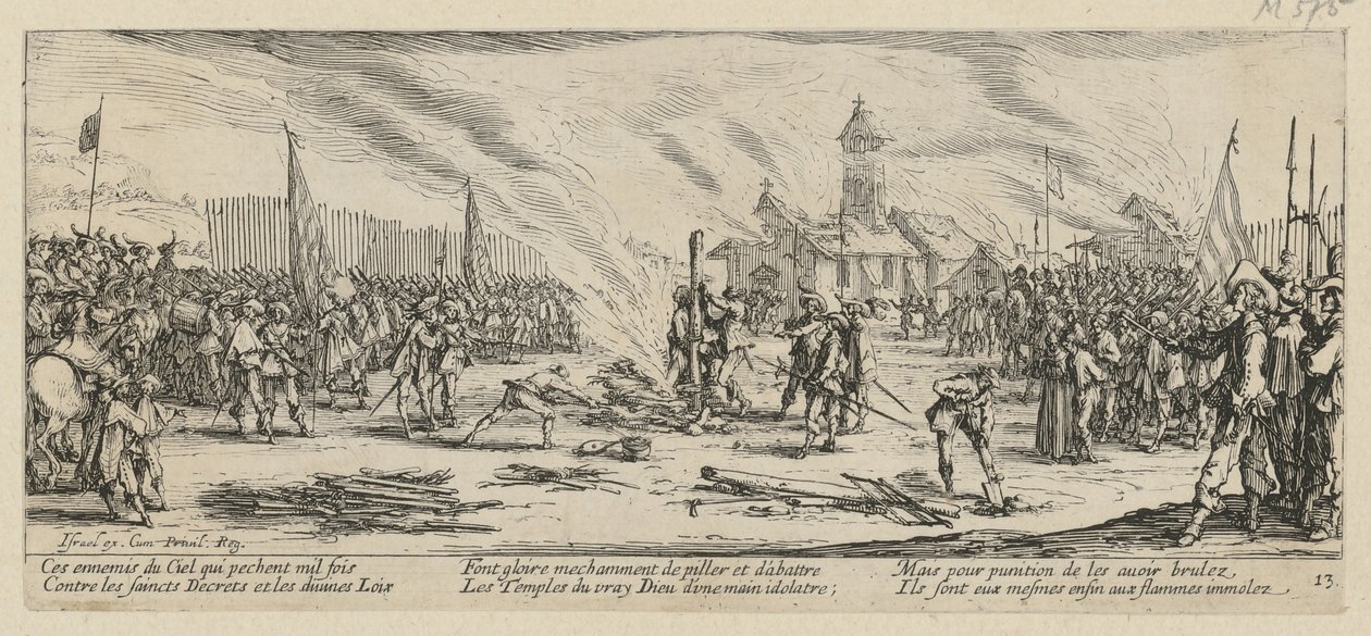 De brandstapel, blad 13 van de reeks „De gruwelen van de oorlog” door Jacques Callot