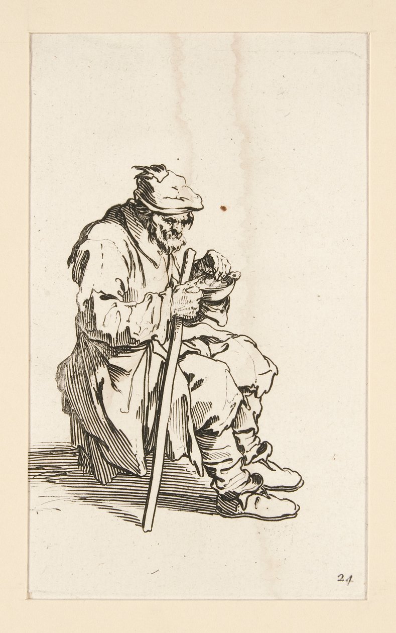 Zittende bedelaar, etend, uit De bedelaars door Jacques Callot