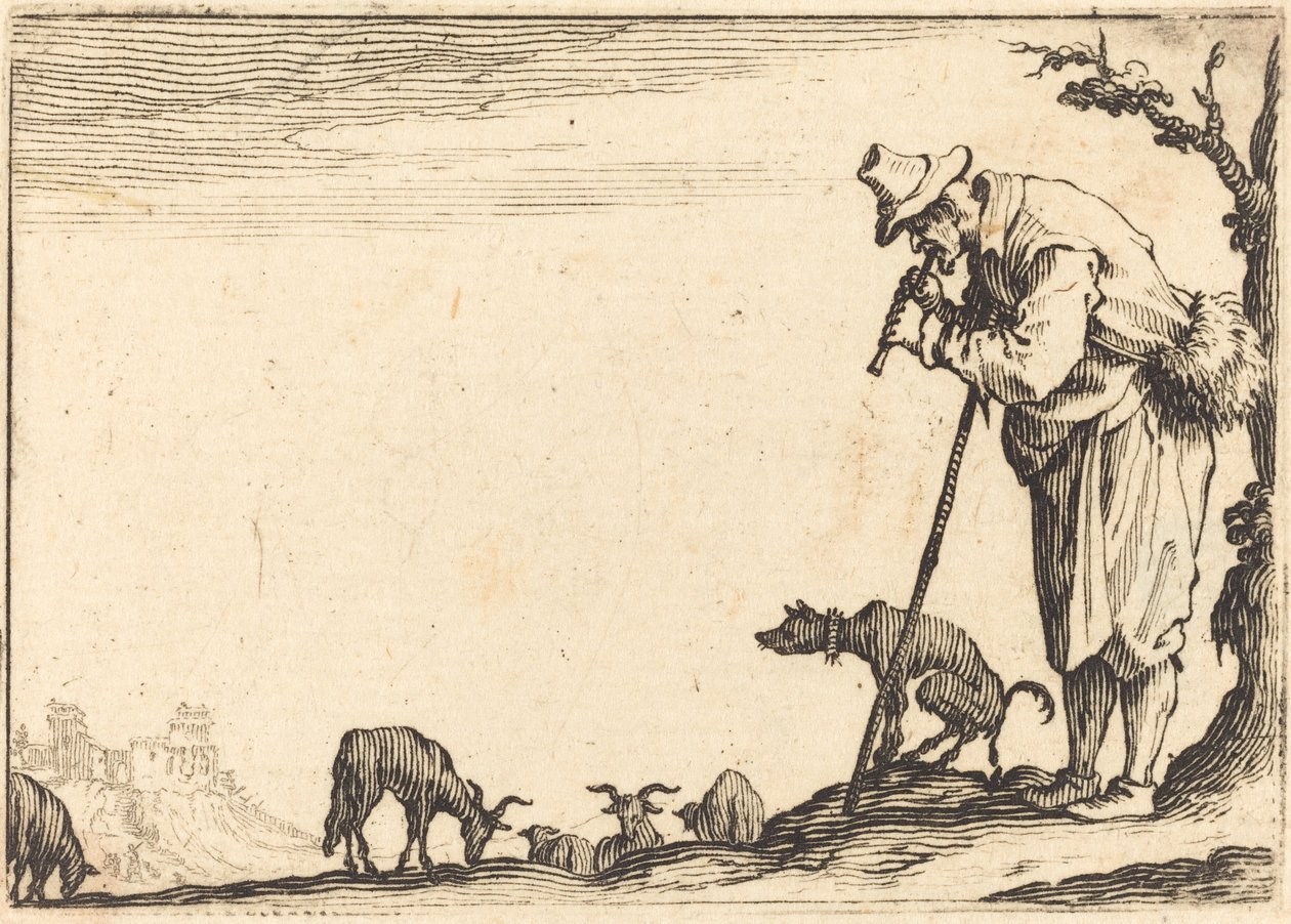 Herder die fluit speelt door Jacques Callot