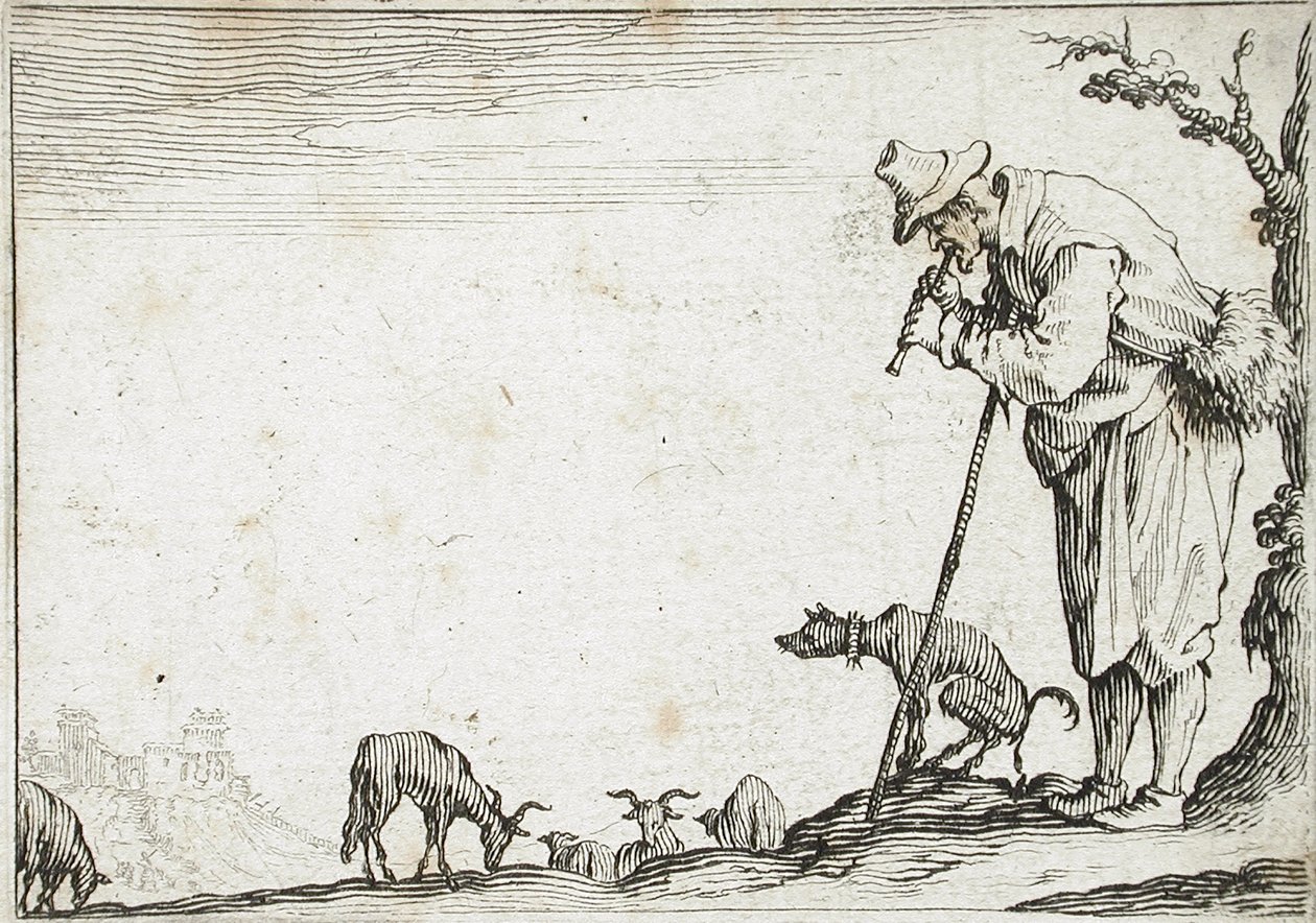 Herder die fluit speelt door Jacques Callot