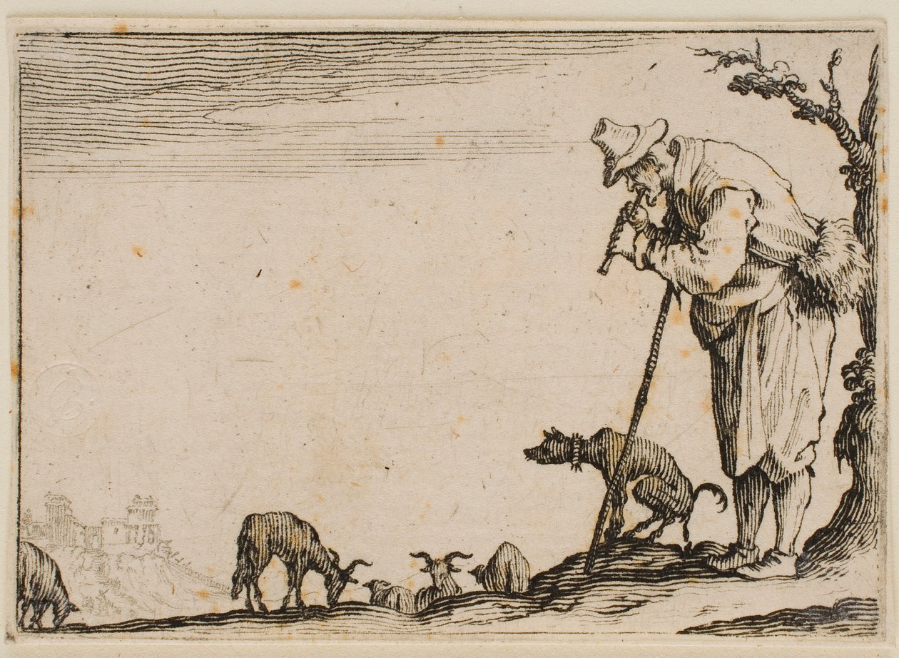 Herder die fluit speelt, uit „De Caprices“ (editie van Florence) door Jacques Callot