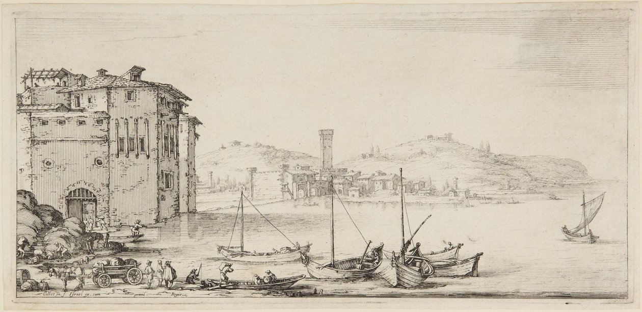 Schepen die worden geladen, uit de serie Diverse Vedute Designate in Fiorenza (Diverse landschappen ontworpen in Florence) door Jacques Callot