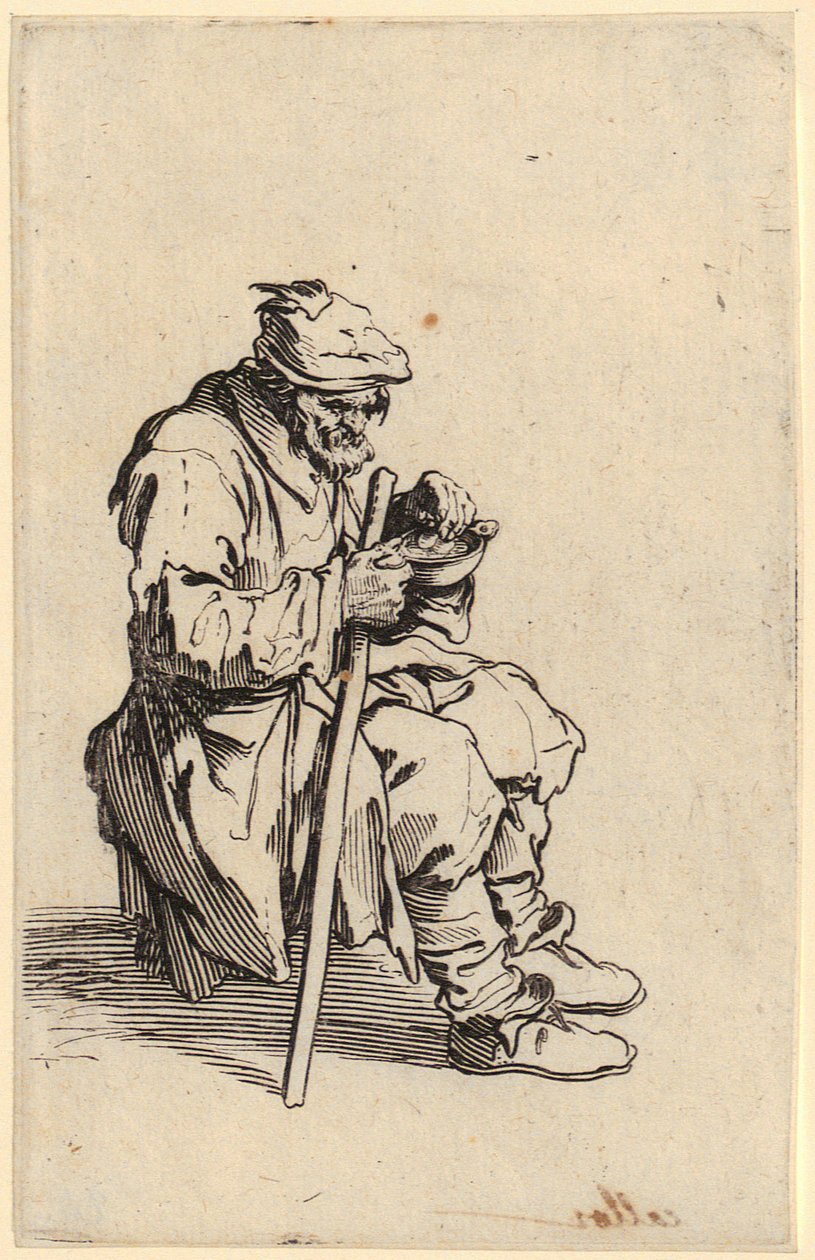 Zittende bedelaars die eten, blad 24 uit de serie "De bedelaars" door Jacques Callot