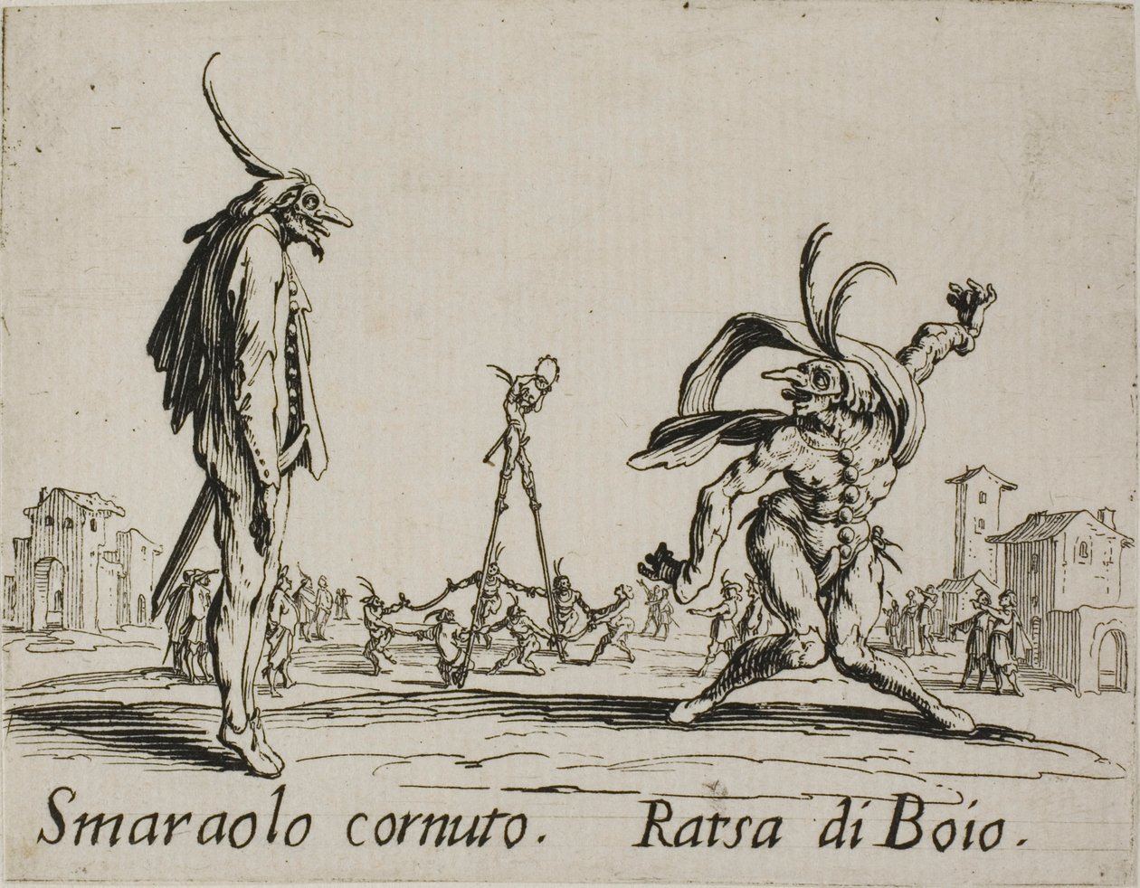 Smaraolo cornuto - Ratsa di Boio, plaat 4 uit Balli di Sfessania door Jacques Callot