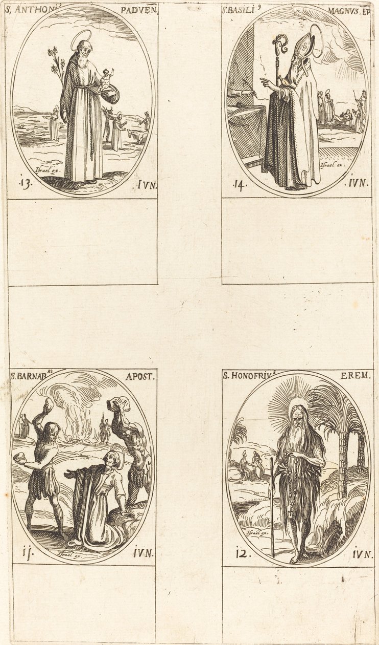 St. Barnabas, Apostel; St. Honofrius; St. Antonius van Padua; St. Basil de Grote door Jacques Callot