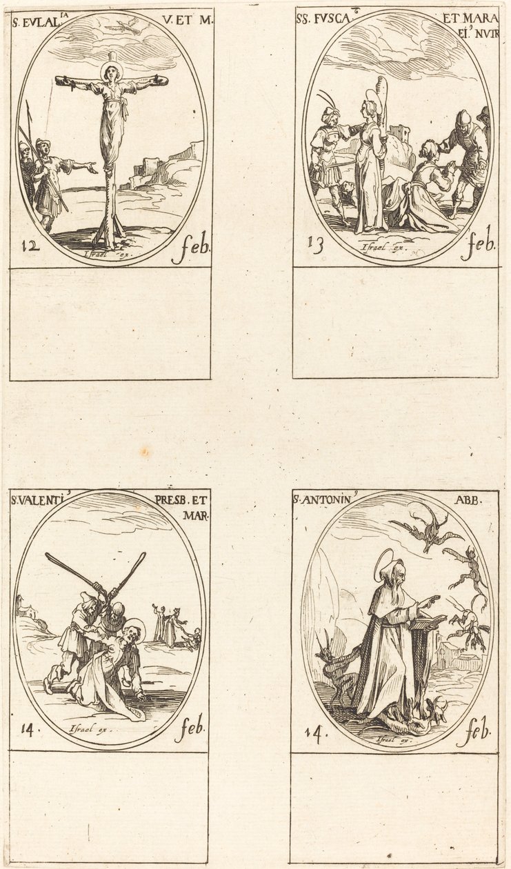 St. Eulalia; St. Fusca en Maura; St. Valentijn; St. Antonius door Jacques Callot