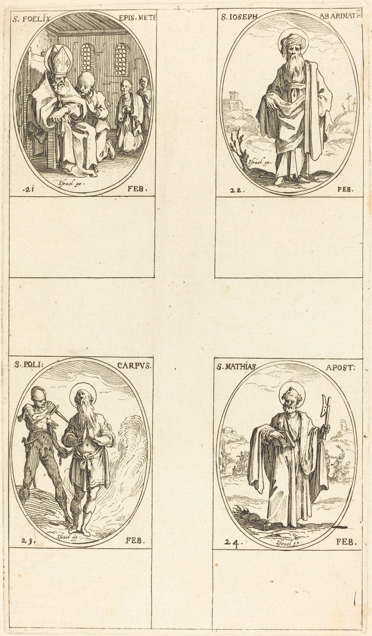 St. Felix; St. Joseph van Arimathea; St. Polycarpus; St. Matthias, Apostel door Jacques Callot